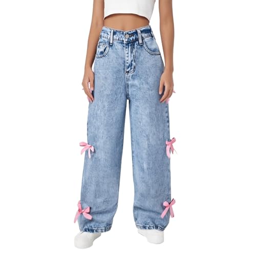 Girls Jeans Elastic Waist Wide Leg Baggy Y2K Loose Denim Pants Kids Trousers Streetwear