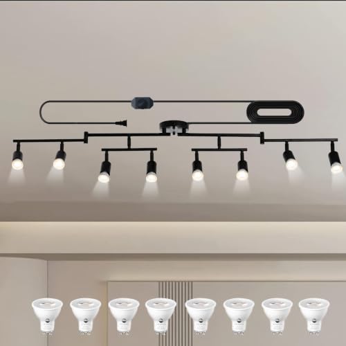 Image of Dimmable Plug in Track Lighting,Plug in Ceiling Light Fixture,Black 8 Light Track Light with 16.4' Long Cord,Dimming Switch,8 Way Ceiling Spotlight,Rotatable,LED Bulbs Included