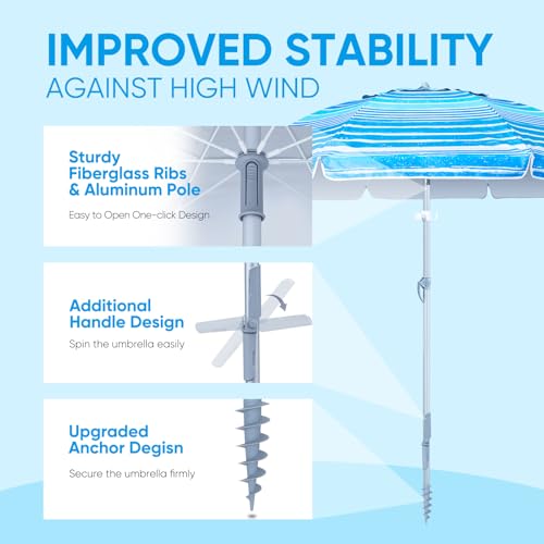 Image of Tempera Heavy Duty High Wind Beach Umbrella with Sand Anchor & Carry Bag | Patio Outdoor Umbrella with Aluminum Frame and Push Button Tilt, Ideal for Garden Lawn, UPF 60+