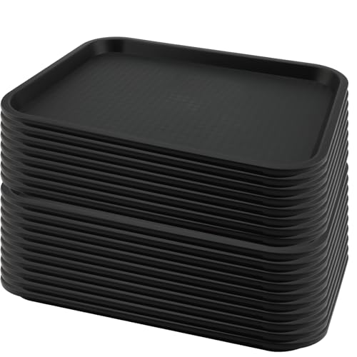 MAHIONG Paquete de 18 bandejas de plástico negro para comida rápida, 35 x 27 cm, bandeja grande de plástico para servir restaurante, cafetería, cocina, fiesta, cafeterías
