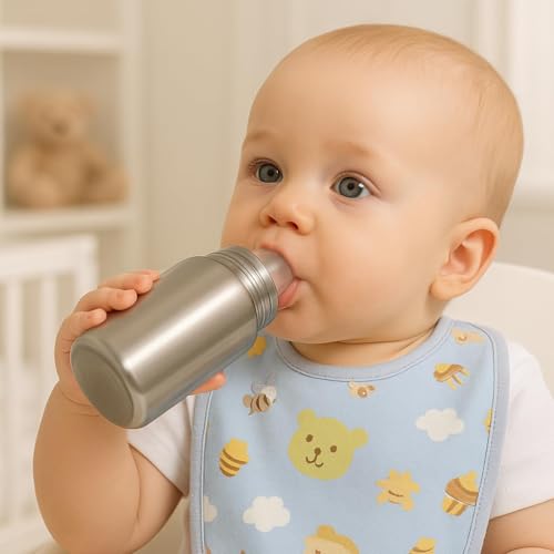 Image of Shark Doo Doo Stainless Steel Bottle for Babies (0-12 Months) - 150ml with Silicone Cleaning Brush (Combo Pack) | BPA Free