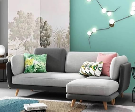 Image of Stylish & Modern Cushioned Couch Relax sectional Sofa in Fabric & Velvet and Heavy Duty Sofa for bedrooms, Living rooms Guest room and Office-(3 Seater with Puffy Greyy & Beige).