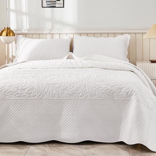 MarCielo 3-Piece 100% Cotton Oversized Bedspread Lightweight Quilt Coverlet Embroidery Farmhouse Bedding Set T0 (Bright White, Oversized King (118"x106"))