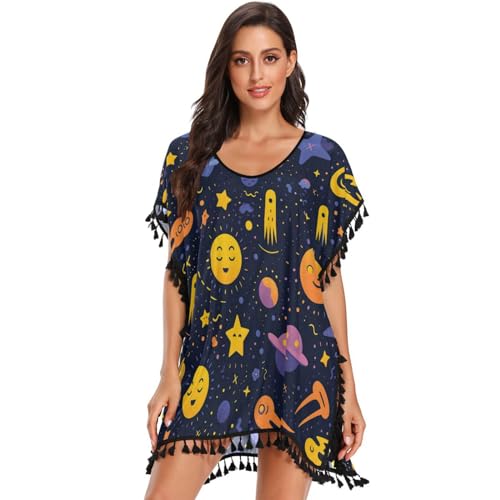 KAAVIYO Cartoon Stars Dark Galaxy Women's Beach Cover Up Chiffon Tassel Swimwear Swimsuit Coverups for Girl
