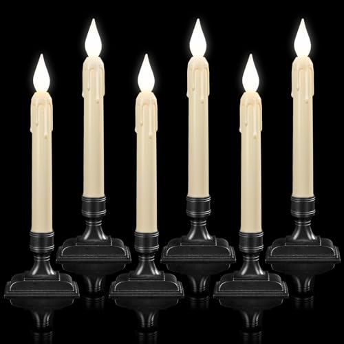 Meigic 6 Pcs Sensor Dawn to Dusk Window Candles, Flickering Battery Candles for Windows, Ultra Bright Fake Candle Lights with Black Holders, Led Candlesticks for Xmas Home Decor, White Light