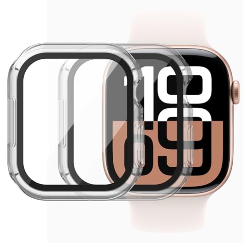 Image of 2 Pack HANKN Tempered Glass Case Compatible with Apple Watch Series 7 45mm Tempered Glass Screen Protector, Plated Hard PC Cover Full Coverage Shockproof Iwatch Bumper (45mm, Clear x 2)