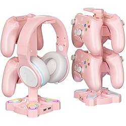 Lamparas Verdes Baratas RGB Soporte Auriculares Gaming, Soporte para Cascos Gaming Giratorio con 9 Modos de Luz, Soporte Mando con 2 Puertos USB, Puerto Tipo-C y 3,5mm Conector de Audio, Headphone Stand para Gamers (Rosa)