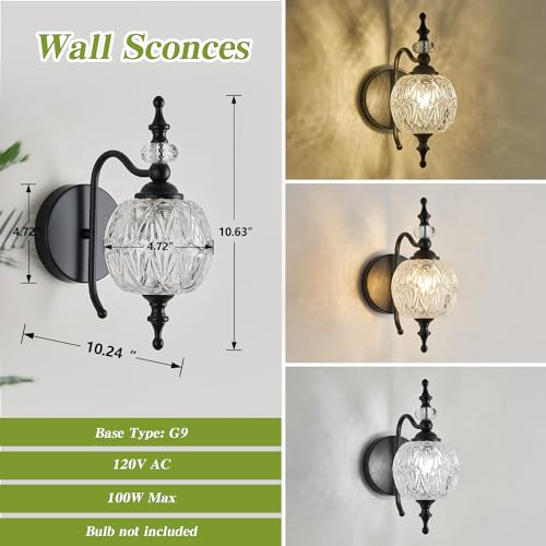 Image of Black 1-Light Wall Light Fixtures with Crystal Glass Shade Vintage Bathroom Wall Sconces Retro Bathroom Vanity Light Fixtures for Bedroom Living Room Farmhouse