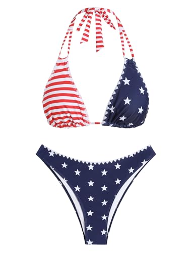 Image of ZAFUL Women Halter Dual Straps Whip Stitch Floral Triangle Bikini Swimsuits | Color Block Whip Stitches Trim, Halter Dual Shoulder Straps, Popular Floral Print, Cheeky Bikini Bottom, Tie Back