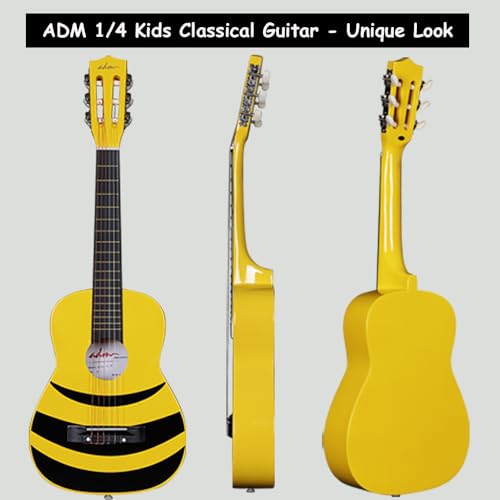 ADM Guitare de concert junior 1/4 pour débutant avec accordeur à clip, étui, sangle, cordes et médiators supplémentaires, abeille jaune - Les Beatles, Paul McCartney, John Lennon, RIngo Starr, George Harrison ADM Guitare de concert junior 1/4 pour débutant avec accordeur à clip, étui, sangle, cordes et médiators supplémentaires, abeille jaune – Image 3