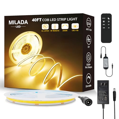 MILADALED 40FT/12M COB LED Strip Light 3000K Warm White High Lumen Dimmable Strip Paired with RF Remote 24V Ul Certified Adapter Suitable for Bedroom Cabinets