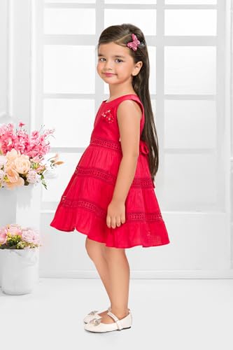 Image of Soft Cotton Lace Work Knee Length Fit & Flare Dress for Kids & Girls, Flower Embellished Frock for Casual & Special Occasion