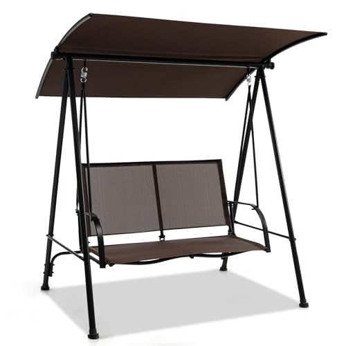 Image of HAPPYGRILL 2-Person Patio Swing with Canopy, Heavy-Duty Metal Frame, Breathable Seat Fabric, Outdoor Loveseat Swing for Backyard, Balcony, Poolside