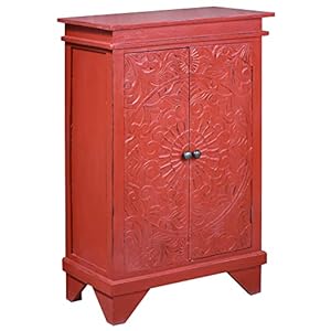 Sunset Trading Cottage Solid Wood Carved Accent Antique Fully Assembled Cabinet Distressed Red