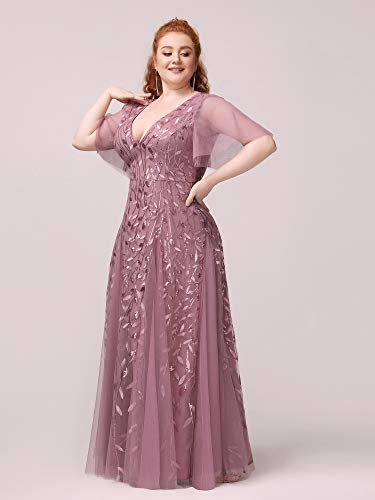 Image of Ever-Pretty Women's Sequin V Neck Plus Size Formal Dresses Evening Gown | Short Sleeve, A-Line, Empire Waist, Plus Size Mother of the Bride Dresses, Plus Size Gala Dress