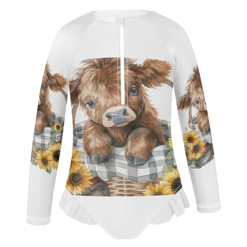 Cute Highland Cow Sunflowers Basket Girls Long Sleeve Swimsuit Rashguard Swimwear One Piece Bathing Suit 212202194