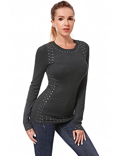 AmélieBoutik Women Crew Neck Studs Trim Embellished Long Sleeve Sweater3
