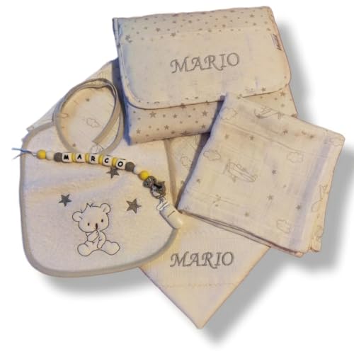 TetebyNoa - Cesta Regalo Personalizado para Bebe Recien Nacido, Set de Chupetero Personalizado - Babero Bordado - Muselina Grande de Algodón y Accesorios. (Pack recien nacido)