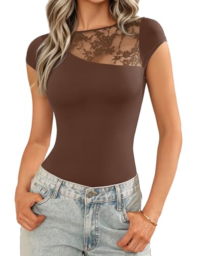 Avidlove Brown Bodysuit for Women Short Sleeve Crew Neck Body Suits One Piece Summer T Shirts Bodysuits Tops Going Out Outfits