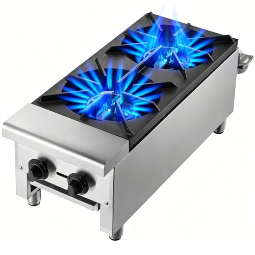 Image of Commercial Countertop Gas Range, 2 Burners Propane and Countertop Natural Gas Range Stove, Stainless Steel Hot Plate, Commercial Cooking Equipment for Restaurant Kitchen, 56,000 BTU
