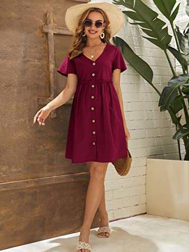 Makemechic Women's Maternity Summer Dress Short Sleeve V Neck Button Front Pregnancy Tunic Dress Burgundy L #TOP4