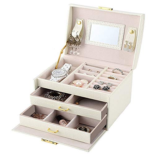Podazz Women's Jewelry Orgnizer Leather Jewelry Box Case Storage Organizer with Mirror Earring Necklace,Ring Display Christmas Xmas Mother's Day Birthday Gift for Wife Mother Girl