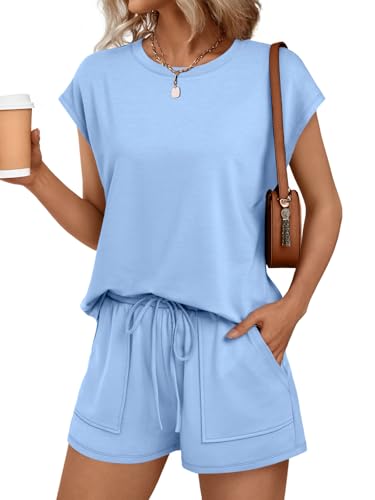 Image of AUTOMET Womens Crew Neck Two Piece Short Sets Cap Sleeve Drawstring Summer Sweatsuit with Pocket