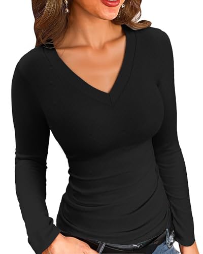 VICHYIE Damen V-Ausschnitt langärmliges Shirt Top schlanker Passform Basic Oberteil,Schwarz,M