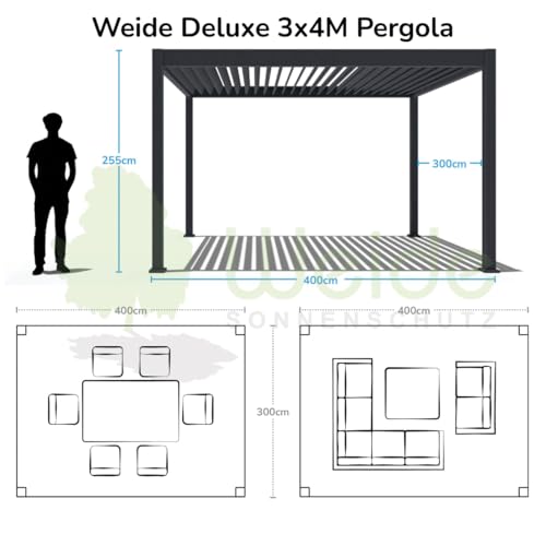 Pavillon Pergola 3x4m Terassenüberdachung freistehend mit Lamellendach verstellbar Gartenpavillon Hardtop wasserdicht stabil Winterfest Voll-Aluminium Grillpavillon wetterfest Weide Deluxe Anthrazit