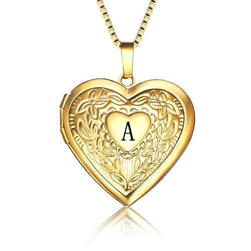 Love Heart Locket Necklace That Holds Pictures, Initial Alphabet A-Z Photo Lockets