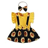 AMAWMW Toddler Baby Girl Summer Clothes Ruffle Sleeve T-shirt Sunflower Suspenders Skirt Headband (3