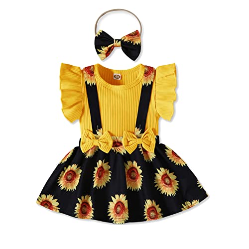 Amawmw Toddler Baby Girl Summer Clothes Ruffle Sleeve T-Shirt Sunflower Suspenders Skirt Headband (3T, Yellow) #TOP15
