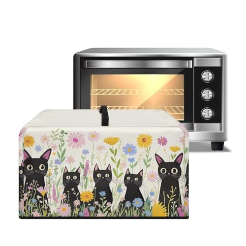 Image of Countertop Oven Cover Protective Toaster Oven Dust Cover Decorative Small Kitchen Appliance Protector for Countertop Decor, L, Cartoon Black Cat Daisy Flower