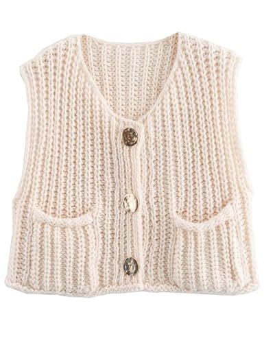 Women's Chunky Knit Vest Button Down Casual Sleeveless Cropped Crochet Sweater Cardigan with Pockets