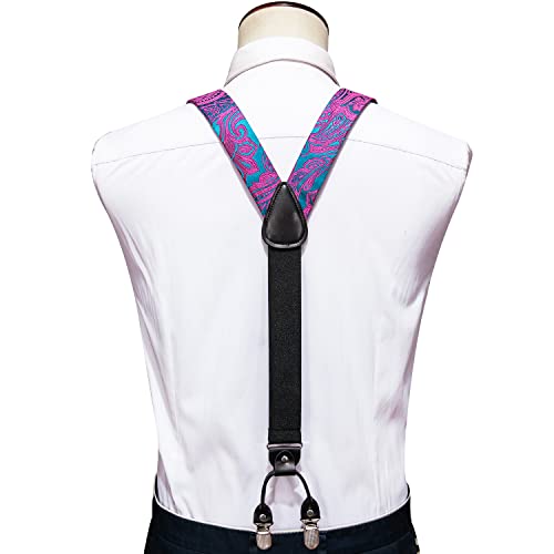 Image of Barry.Wang Men Suspender Set with Necktie Elastic Y Type Heavy Duty 6 Clips Braces Tie Handkerchief Cufflink Pin 6PCS