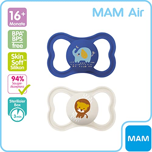 MAM Air Silikon Schnuller im 2er-Set, extra leichtes und luftiges Schilddesign, zahnfreundlicher Baby Schnuller aus speziellem MAM SkinSoft Silikon mit Schnullerbox, 16+ Monate, Elefant/Löwe – Bild 7