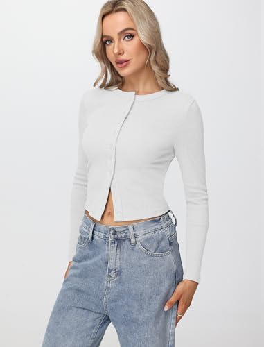 Womens Long Sleeve Tops Fall Lightweight Cardigan Cropped Going Out Shirts Ribbed Button Down Cute Trendy 2025