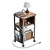 Merapi Small End Table, Side Table, Nightstand with Charging Station, Rustic Wood Small Table with Shelves, Storage for Small Spaces, Living Room, Bedroom, Study, Home Office