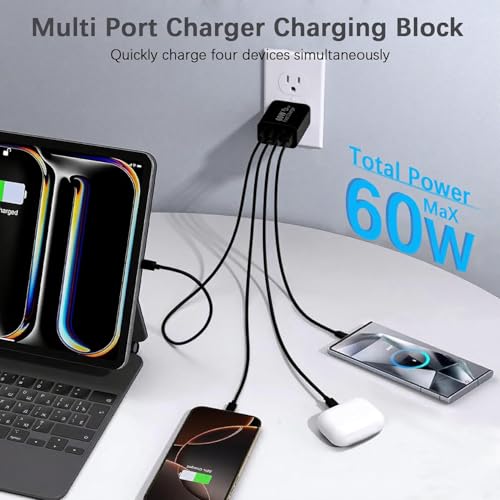 Image of 60W USB C Charger Block,2Pack 4-Port GaN USB C Charger Fast Charging Wall Plug Dual Type C+Dual USB-A Port,Multiport Power Adapter Cube for iPhone 17 Pro Max /16e /15 /14 /13 /12 /11,iPad Pro /Air /Mini-Black