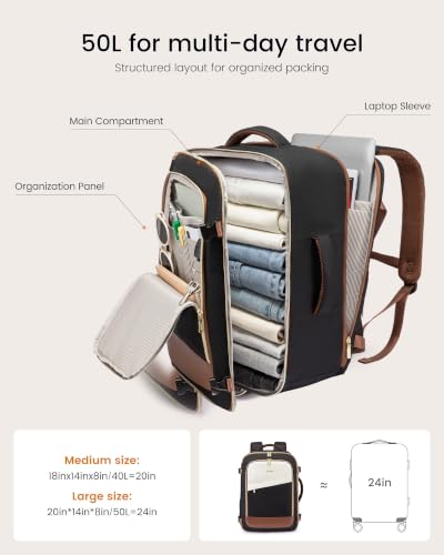 Image of LOVEVOOK Travel Backpack for Women, 50L Carry On Backpack Flight Approved, Large Suitcase Bag for Travel Fits 18.5 inch Laptop, TSA Approved Luggage with 3 Packing Cubes,Waterproof Weekend Backpacks