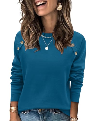 Rapbin Womens Sweater Crew Neck Long Sleeve Knit Lightweight Pullover Tops Casual Buttons Decor Tunic2