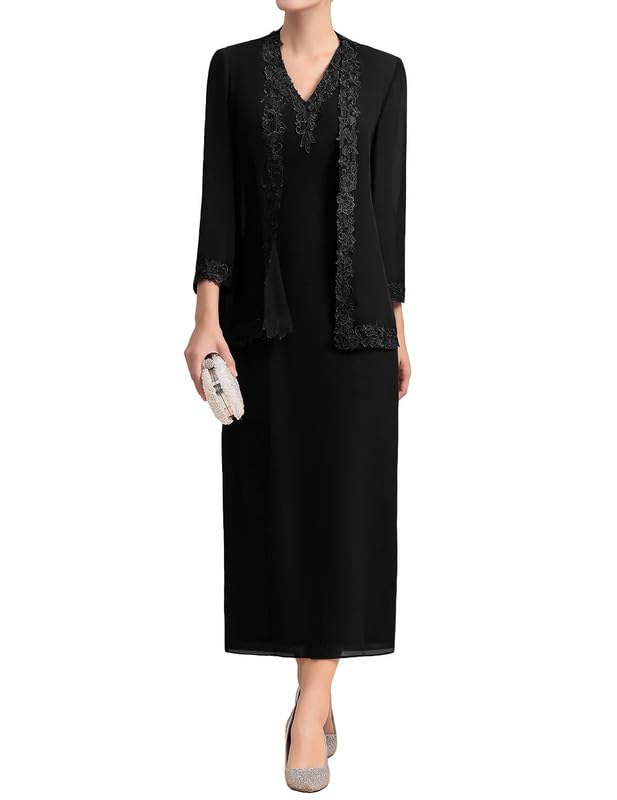 Mother of The Bride Dresses Tea Length Lace 2Pcs Mother of The Groom Dresses with Jacket Long Sleeve Chiffon
