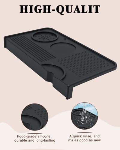 Image of 1+1 PACK Espresso Matt for Counter, Silicone Coffee Tamping Mat with Ebony Wood Boar Bristle Brush, Black Barista Mat for Counter, Tamping Station for Coffee Machine Accessories