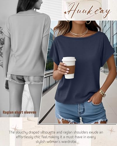Huukeay 3 Pack Boat Neck Tops for Women, Short Sleeve Loose Cotton Shirts Causal Oversized Tunic Basic Tees Off The Shoulder3