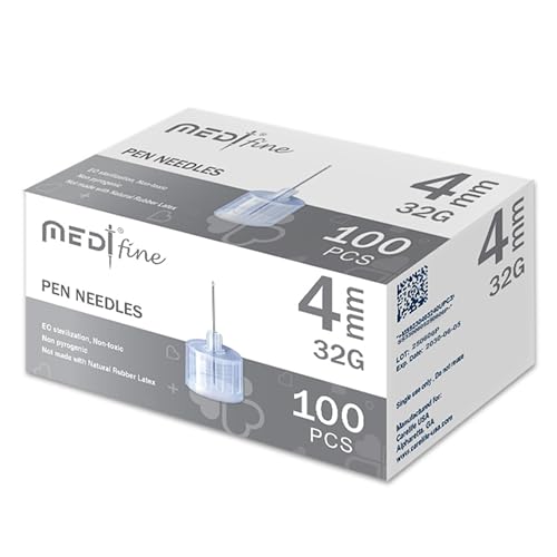 Medt Fine Insulin Pen Needles 32G 4mm - Ultra-Fine Diabetic Pen Needles Designed for Comfort Universal Fit for Most Pen-Style Devices Sterile Single-Use Pen Tips 100 Count (Pack of 1)