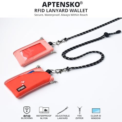 Image of RFID Blocking Travel Wallet with Adjustable Lanyard, Small Nylon Zipper Pouch and Badge Holder for ID, Credit Cards, Cash, Keys, Commuters (BlazingOrange+CoralBlush)