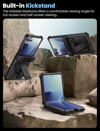 Image of i-Blason for Samsung Galaxy Z Flip 7 Case with Stand, [Tempered Glass Screen Protector] [Hinge Protection] [Belt-Clip], Full-Body Military Protection Phone Case for Samsung Z Flip 7, Armorbox, Black