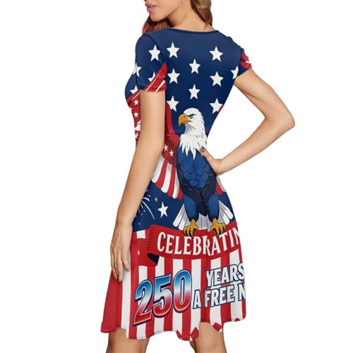 Image of POLERO Women Puffy Swing Elegant Party Midi Dresses Short Sleeve Round Neck A-Line Dress