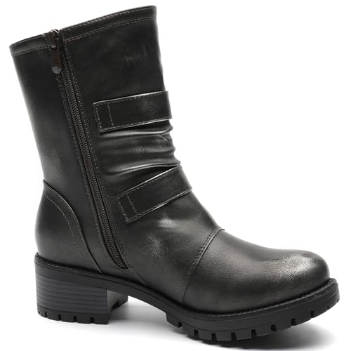 Image of GLOBALWIN Lace up Mid Calf Motorcycle Fashion Festival Boots Combat Riding Military Boots for Women