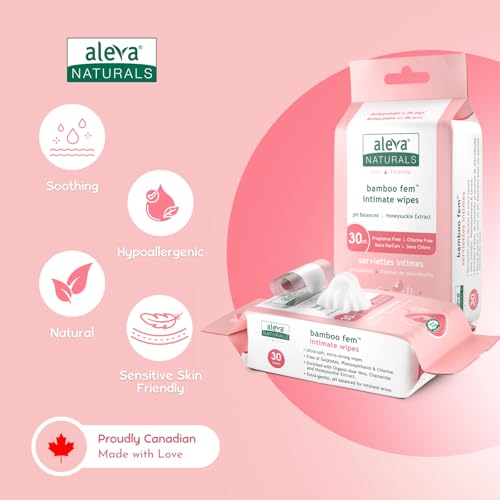 Image of Aleva Naturals Bamboo Fem Wipes for Woman - Ultra-Soft, Biodegradable, pH Balanced Formula to Refresh Intimate Areas, Gentle Cleansing Wipes - Value Pack- 30 Count X 12 (360 Count)